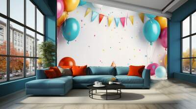 Happy birthday background with balloons cap and photo frame.  Wall mural